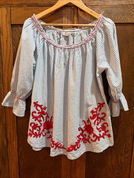Westport Tops - Westport Blue and White Striped Off-Shoulder Top 1X